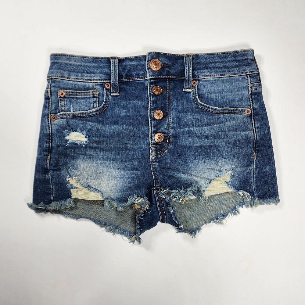 American Eagle Hi Rise Shortie Shorts Women's 00 Blue Distressed Button Fly